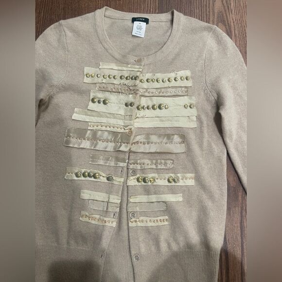 Vintage J. Crew Taupe Wool Cashmere Blend Cardigan Silk Ribbon Beads Size XS - Picture 2 of 8